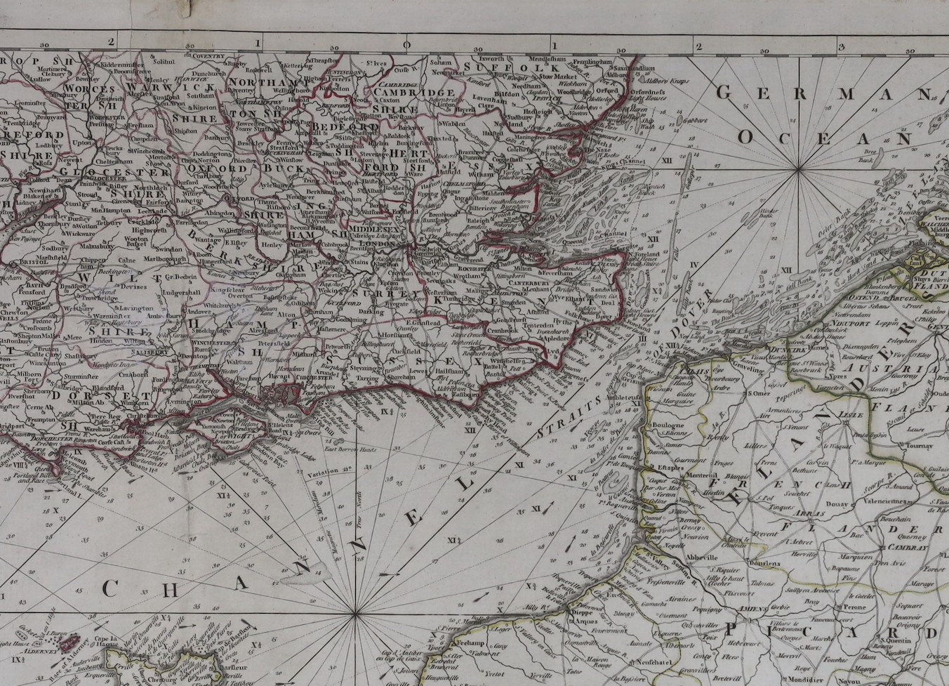 Carington Bowles, hand coloured engraving, Topographical Chart of the English Channel with it’s Environs, 53 x 72cm